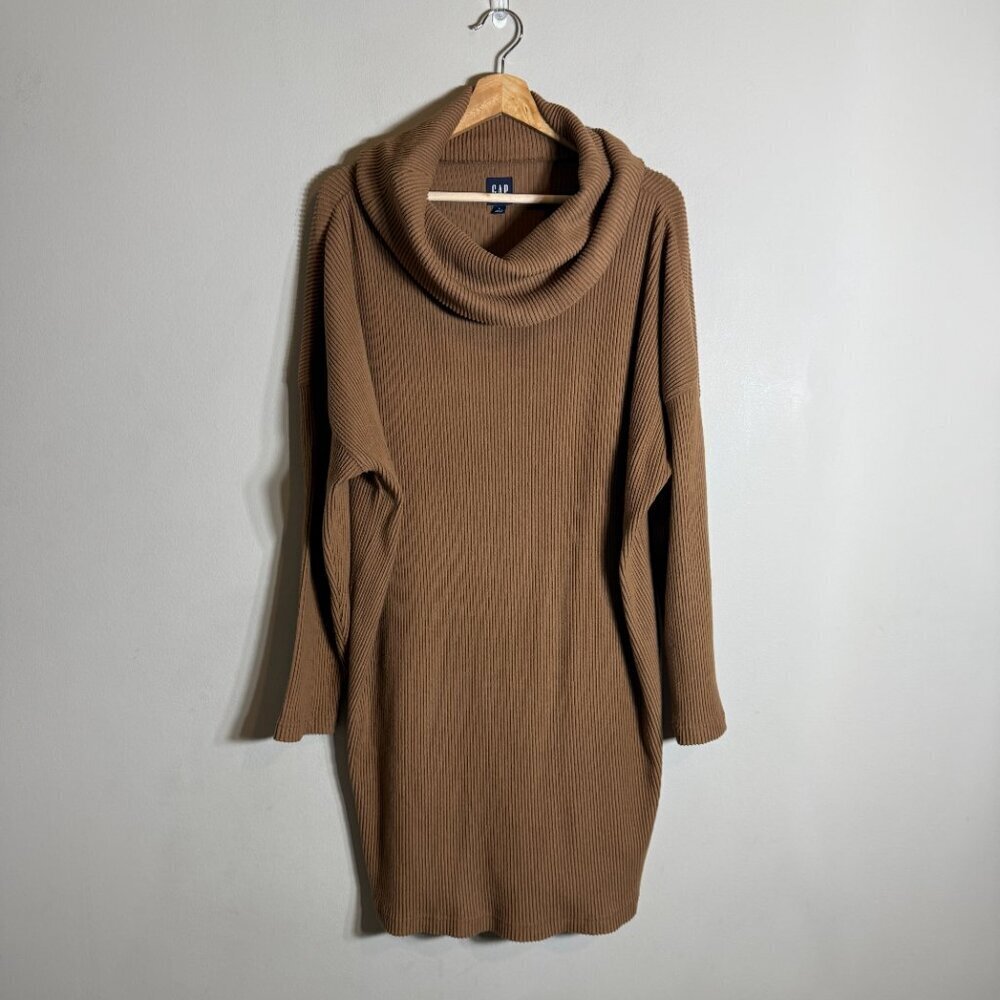 Gap Ribbed Cowl Neck Sweater Mini Dress Women's Large Brazen Brown Cozy Knit - Picture 3 of 14